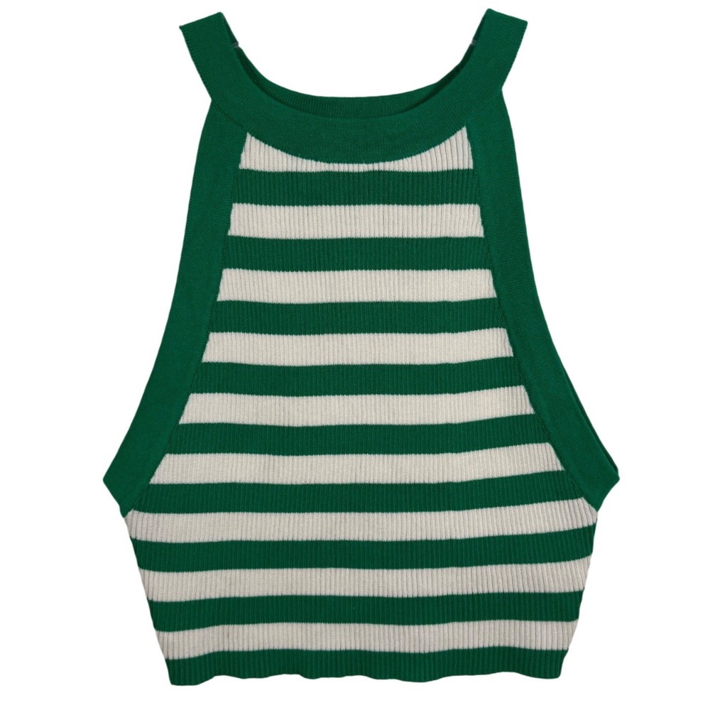 KLESIS Green White Striped Ribbed Knit High Neck Crop Top Size M IT3908
